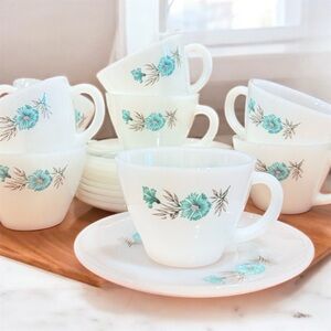 Fire King Oven Ware Milk Glass Bonnie Blue Tea Set of 9 Vintage 1950s